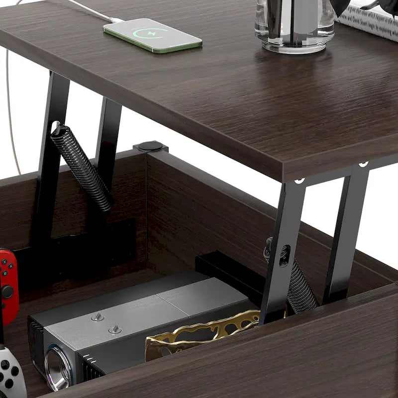 Table basse relevable de style ferme moderne avec port USB et lumière LED, Table d'appoint de salon