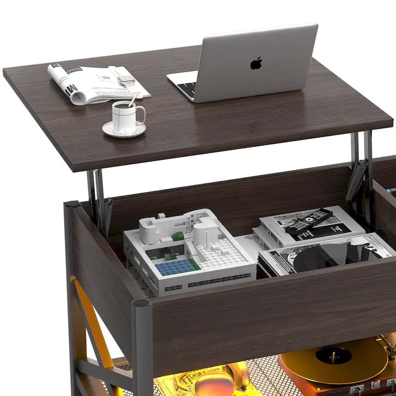 Table basse relevable de style ferme moderne avec port USB et lumière LED, Table d'appoint de salon
