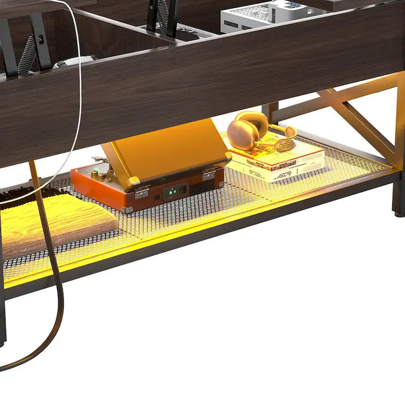 Table basse relevable de style ferme moderne avec port USB et lumière LED, Table d'appoint de salon