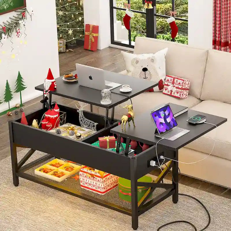 Table basse relevable de style ferme moderne avec port USB et lumière LED, Table d'appoint de salon