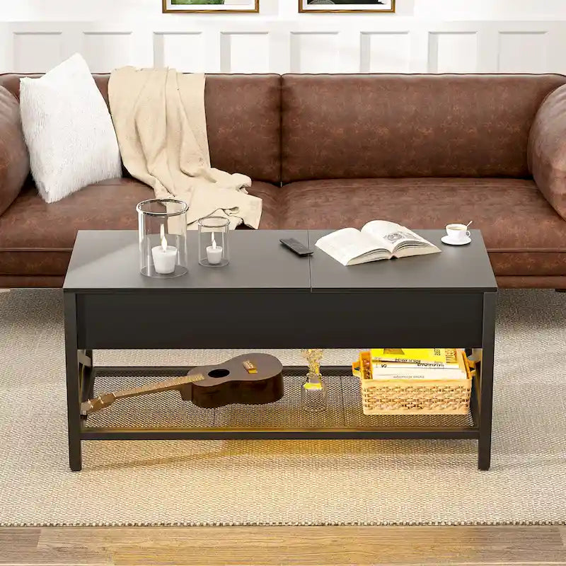Table basse relevable de style ferme moderne avec port USB et lumière LED, Table d'appoint de salon