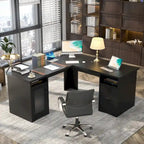 Bureau d'angle style ferme moderne avec classeur et tiroirs, bureau de direction avec station de recharge pour bureau à domicile