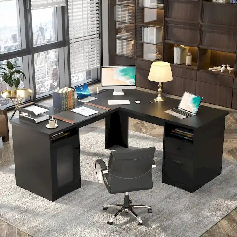 Bureau d'angle style ferme moderne avec classeur et tiroirs, bureau de direction avec station de recharge pour bureau à domicile