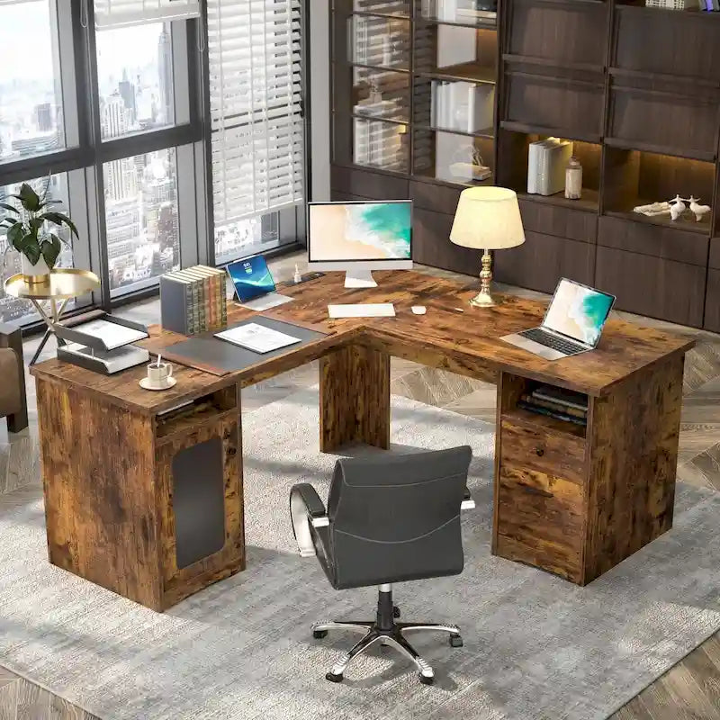 Bureau d'angle style ferme moderne avec classeur et tiroirs, bureau de direction avec station de recharge pour bureau à domicile