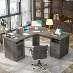 Bureau d'angle style ferme moderne avec classeur et tiroirs, bureau de direction avec station de recharge pour bureau à domicile
