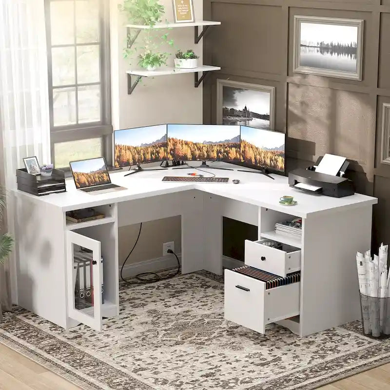 Bureau d'angle style ferme moderne avec classeur et tiroirs, bureau de direction avec station de recharge pour bureau à domicile