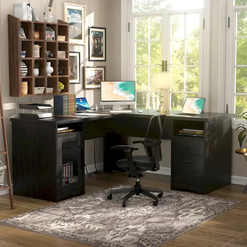 Bureau d'angle style ferme moderne avec classeur et tiroirs, bureau de direction avec station de recharge pour bureau à domicile