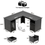 Bureau d'angle style ferme moderne avec classeur et tiroirs, bureau de direction avec station de recharge pour bureau à domicile