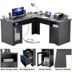 Bureau d'angle style ferme moderne avec classeur et tiroirs, bureau de direction avec station de recharge pour bureau à domicile