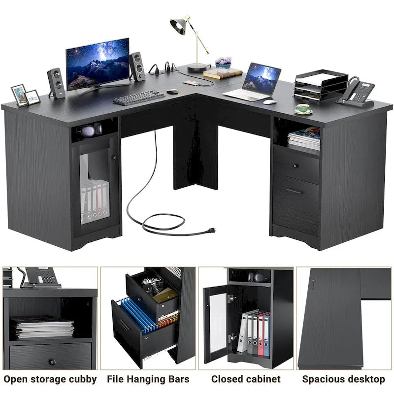 Bureau d'angle style ferme moderne avec classeur et tiroirs, bureau de direction avec station de recharge pour bureau à domicile