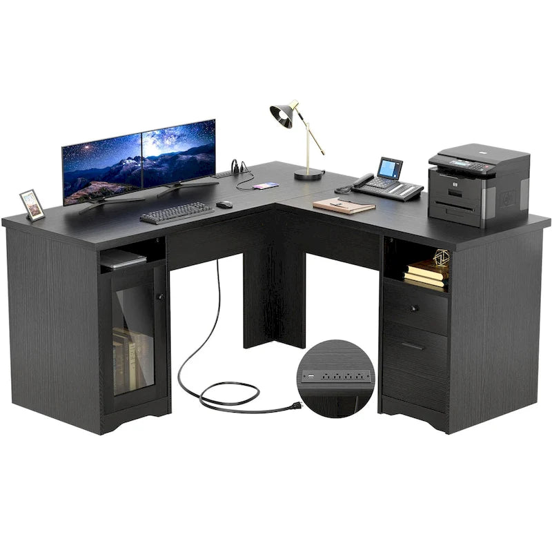 Bureau d'angle style ferme moderne avec classeur et tiroirs, bureau de direction avec station de recharge pour bureau à domicile