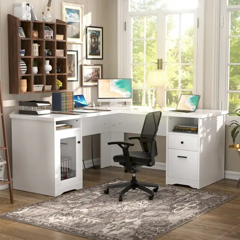 Bureau d'angle style ferme moderne avec classeur et tiroirs, bureau de direction avec station de recharge pour bureau à domicile