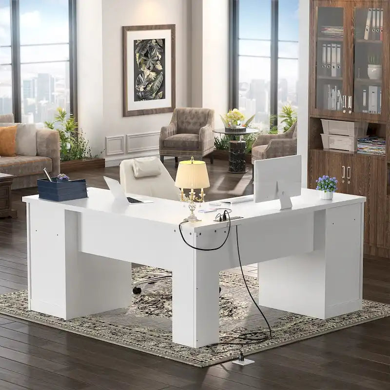 Bureau d'angle style ferme moderne avec classeur et tiroirs, bureau de direction avec station de recharge pour bureau à domicile