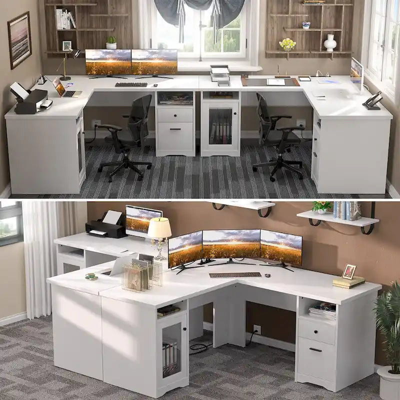 Bureau d'angle style ferme moderne avec classeur et tiroirs, bureau de direction avec station de recharge pour bureau à domicile