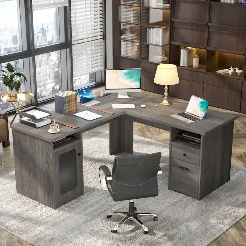 Bureau d'angle style ferme moderne avec classeur et tiroirs, bureau de direction avec station de recharge pour bureau à domicile