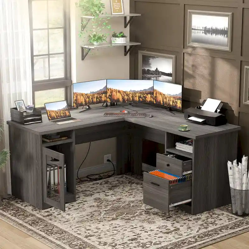 Bureau d'angle style ferme moderne avec classeur et tiroirs, bureau de direction avec station de recharge pour bureau à domicile