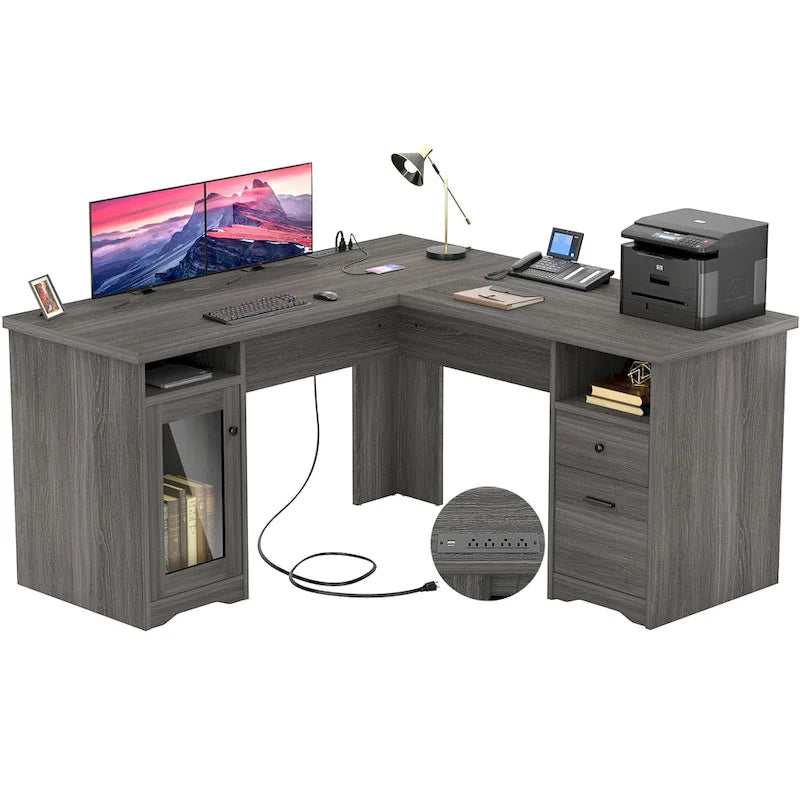 Bureau d'angle style ferme moderne avec classeur et tiroirs, bureau de direction avec station de recharge pour bureau à domicile