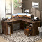 Bureau d'angle style ferme moderne avec classeur et tiroirs, bureau de direction avec station de recharge pour bureau à domicile