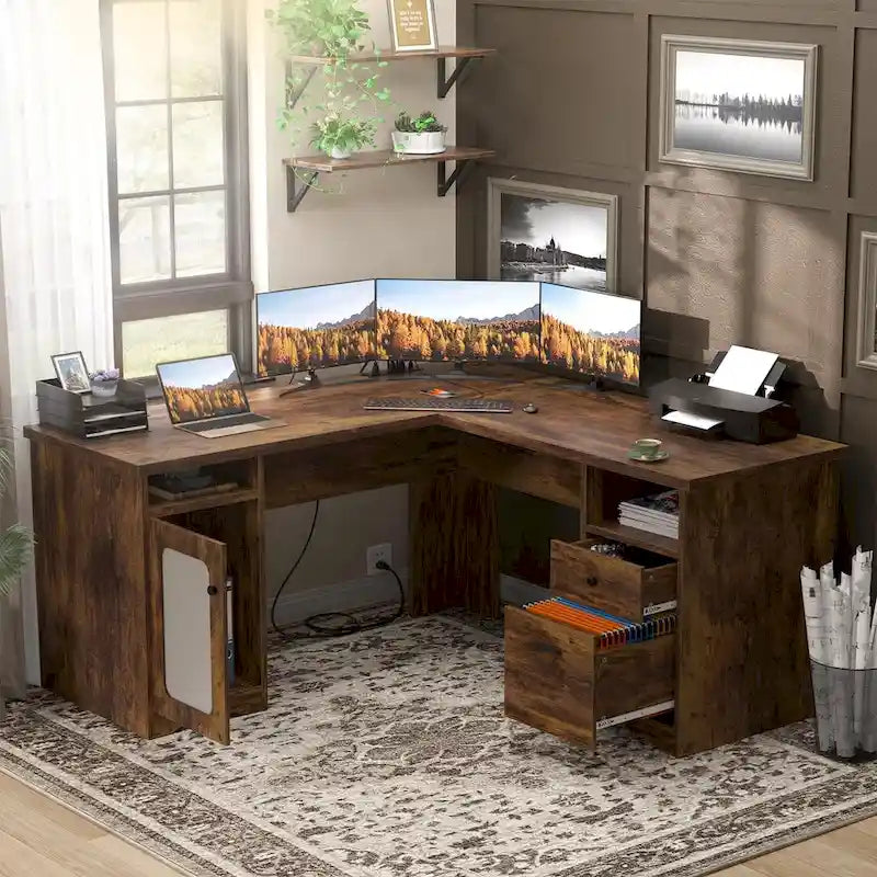 Bureau d'angle style ferme moderne avec classeur et tiroirs, bureau de direction avec station de recharge pour bureau à domicile
