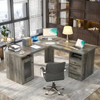 Bureau d'angle style ferme moderne avec classeur et tiroirs, bureau de direction avec station de recharge pour bureau à domicile