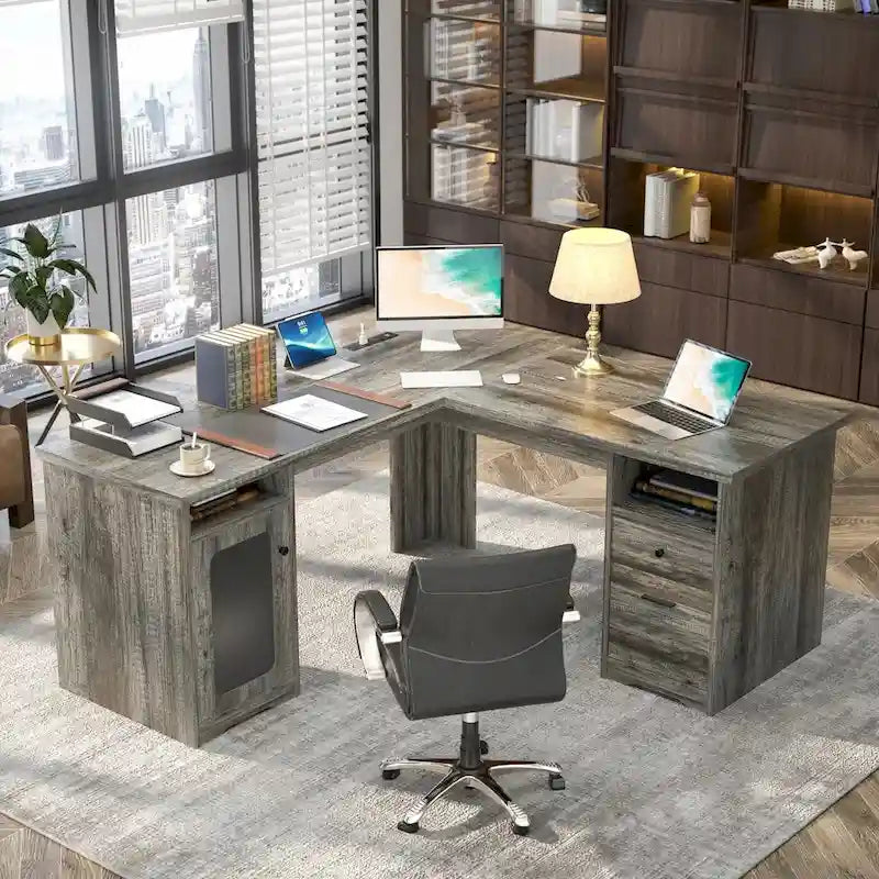 Bureau d'angle style ferme moderne avec classeur et tiroirs, bureau de direction avec station de recharge pour bureau à domicile