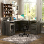 Bureau d'angle style ferme moderne avec classeur et tiroirs, bureau de direction avec station de recharge pour bureau à domicile