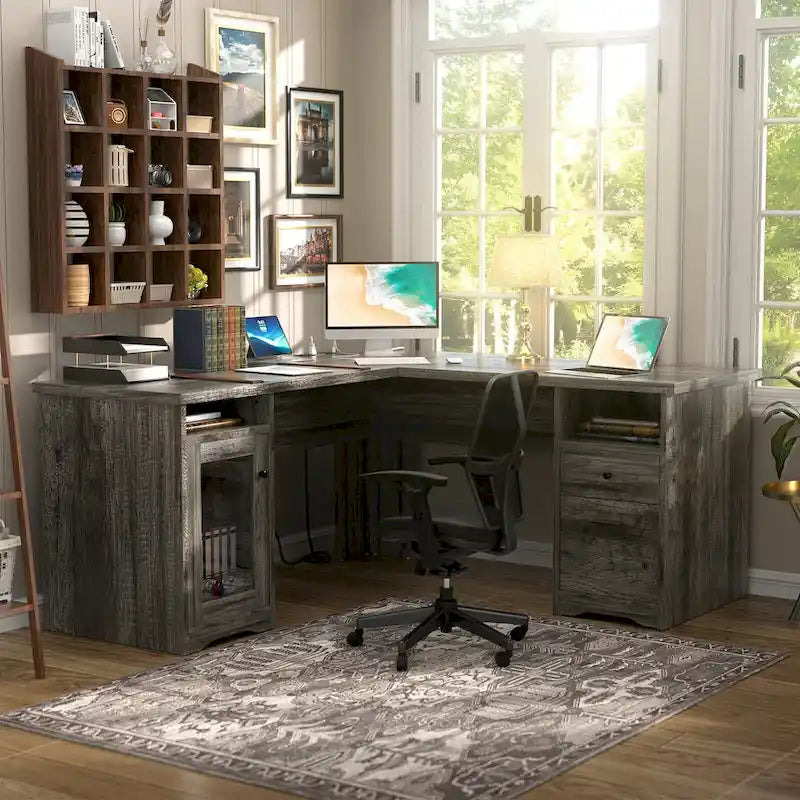 Bureau d'angle style ferme moderne avec classeur et tiroirs, bureau de direction avec station de recharge pour bureau à domicile