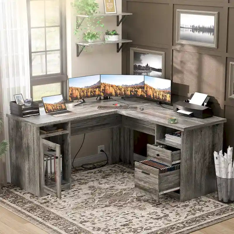 Bureau d'angle style ferme moderne avec classeur et tiroirs, bureau de direction avec station de recharge pour bureau à domicile