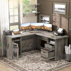 Bureau d'angle style ferme moderne avec classeur et tiroirs, bureau de direction avec station de recharge pour bureau à domicile