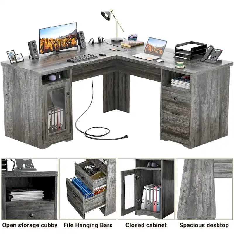 Bureau d'angle style ferme moderne avec classeur et tiroirs, bureau de direction avec station de recharge pour bureau à domicile