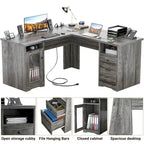 Bureau d'angle style ferme moderne avec classeur et tiroirs, bureau de direction avec station de recharge pour bureau à domicile