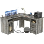 Bureau d'angle style ferme moderne avec classeur et tiroirs, bureau de direction avec station de recharge pour bureau à domicile