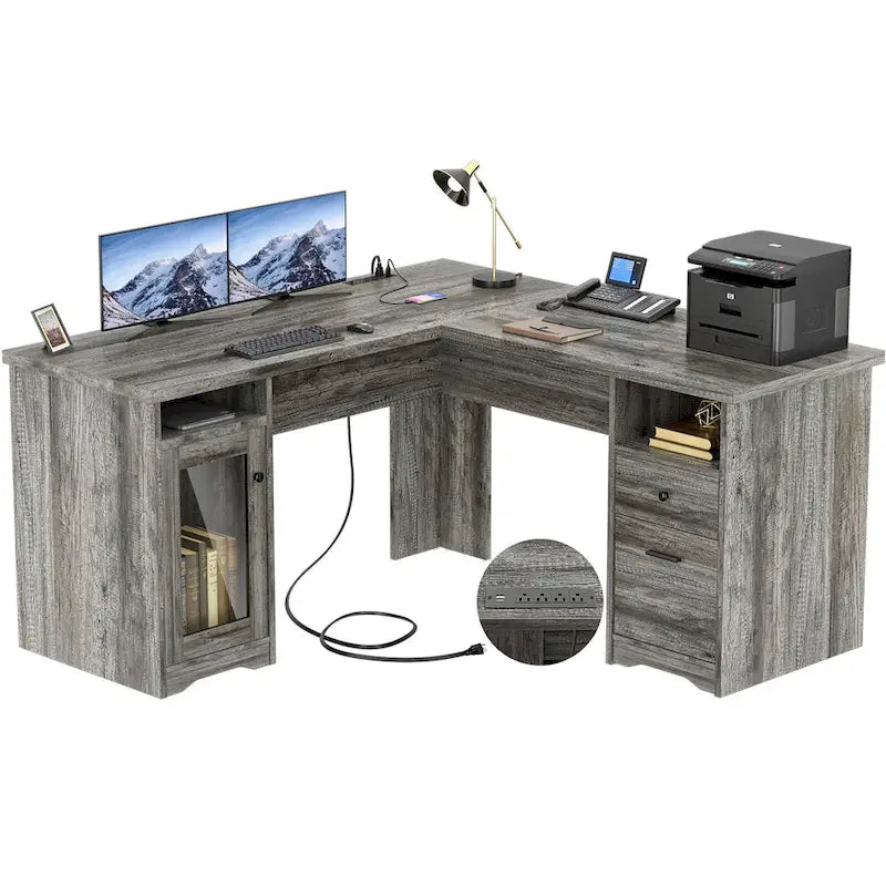 Bureau d'angle style ferme moderne avec classeur et tiroirs, bureau de direction avec station de recharge pour bureau à domicile