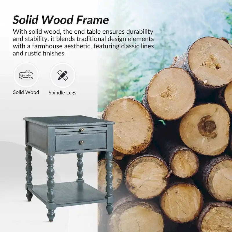 Table d'appoint traditionnelle en bois massif avec ports de chargement USB, plateaux extensibles et plateau d'ordinateur, hauteur 66 cm
