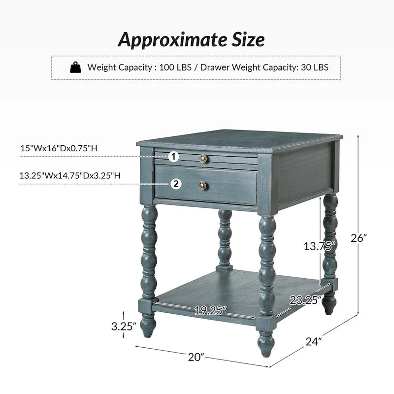 Table d'appoint traditionnelle en bois massif avec ports de chargement USB, plateaux extensibles et plateau d'ordinateur, hauteur 66 cm