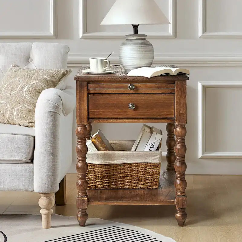 Table d'appoint traditionnelle en bois massif avec ports de chargement USB, plateaux extensibles et plateau d'ordinateur, hauteur 66 cm