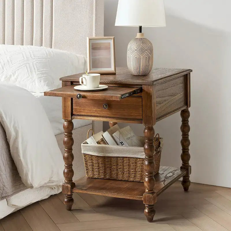 Table d'appoint traditionnelle en bois massif avec ports de chargement USB, plateaux extensibles et plateau d'ordinateur, hauteur 66 cm