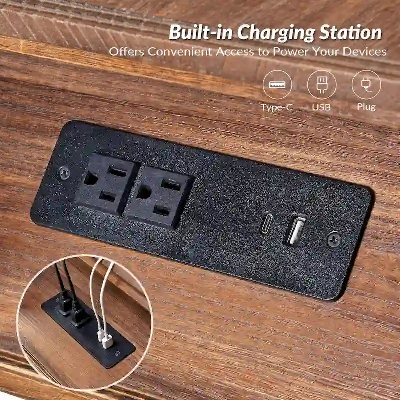 Table d'appoint traditionnelle en bois massif avec ports de chargement USB, plateaux extensibles et plateau d'ordinateur, hauteur 66 cm