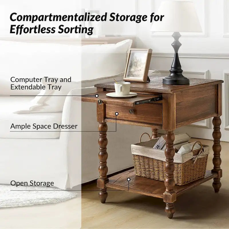 Table d'appoint traditionnelle en bois massif avec ports de chargement USB, plateaux extensibles et plateau d'ordinateur, hauteur 66 cm