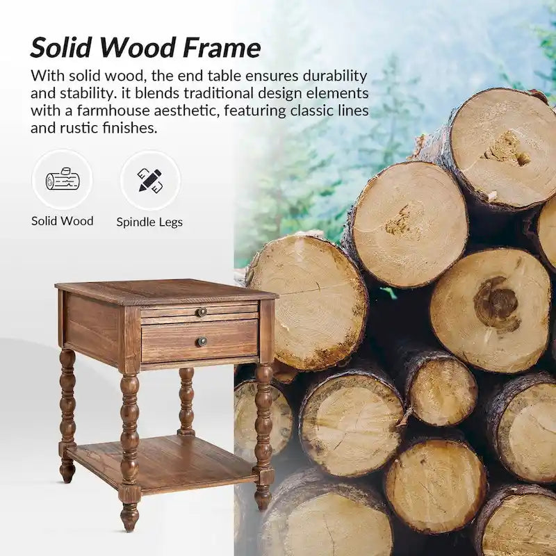 Table d'appoint traditionnelle en bois massif avec ports de chargement USB, plateaux extensibles et plateau d'ordinateur, hauteur 66 cm