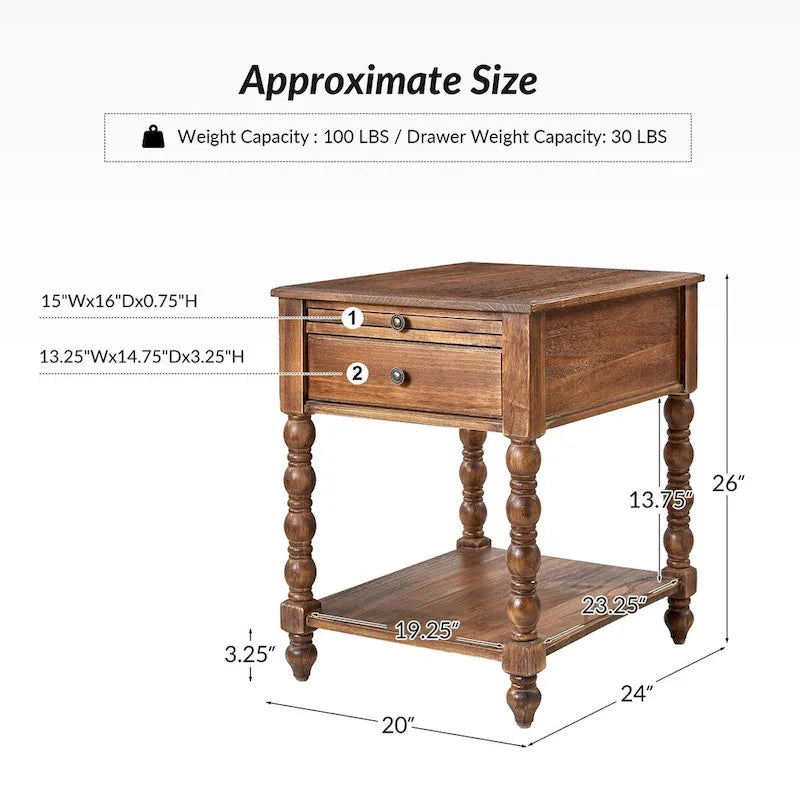 Table d'appoint traditionnelle en bois massif avec ports de chargement USB, plateaux extensibles et plateau d'ordinateur, hauteur 66 cm