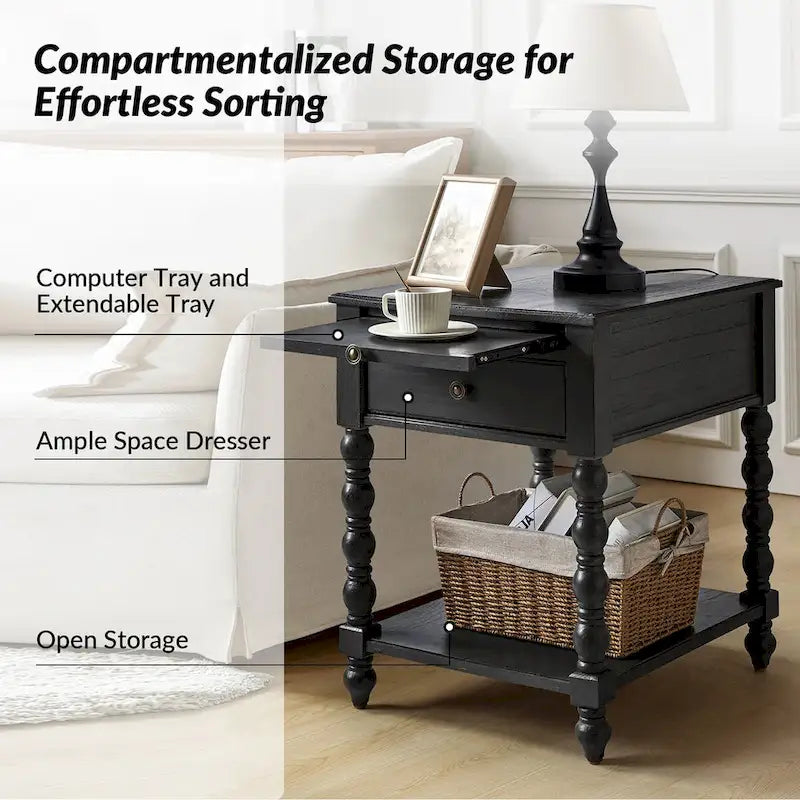 Table d'appoint traditionnelle en bois massif avec ports de chargement USB, plateaux extensibles et plateau d'ordinateur, hauteur 66 cm