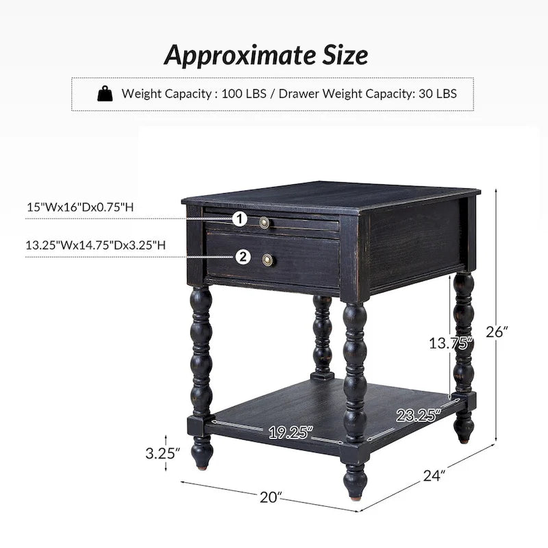 Table d'appoint traditionnelle en bois massif avec ports de chargement USB, plateaux extensibles et plateau d'ordinateur, hauteur 66 cm