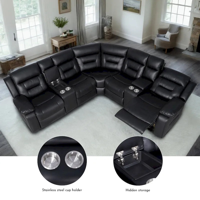 Canapé sectionnel inclinable 109, Canapé inclinable modulaire de salon avec 2 consoles de rangement et 4 porte-gobelets