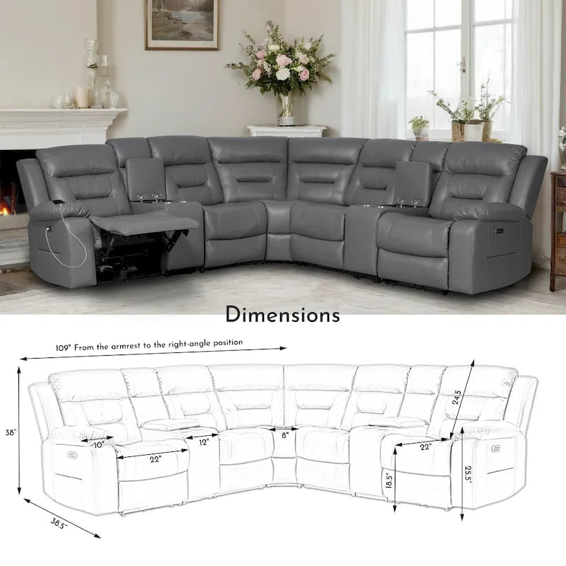 Canapé sectionnel inclinable 109, Canapé inclinable modulaire de salon avec 2 consoles de rangement et 4 porte-gobelets