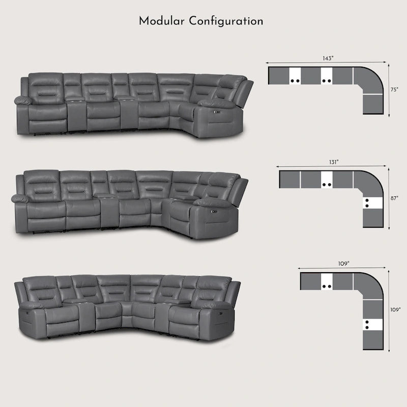Canapé sectionnel inclinable 109, Canapé inclinable modulaire de salon avec 2 consoles de rangement et 4 porte-gobelets